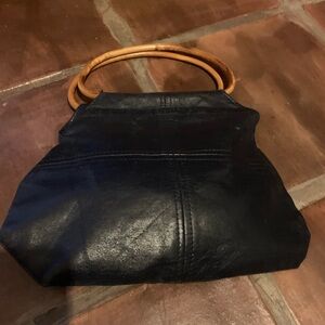Black Leather Tote with Brown Handle